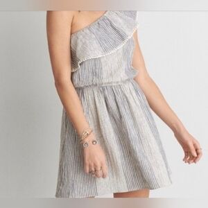 American Eagle Outfitters One-Shoulder Striped Ruffle Dress in Light Gray